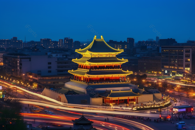西安城市夜景灯光钟楼全景,高清,摄影图,摄影图片,图片大全,摄影图免费下载